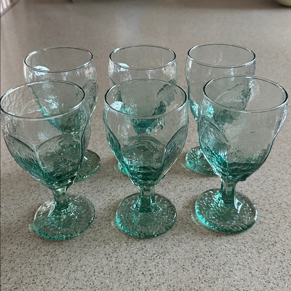 Vintage Libbey Rock Sharpe Spanish Green Goblets: Raised Fruit Pattern, Set of 6